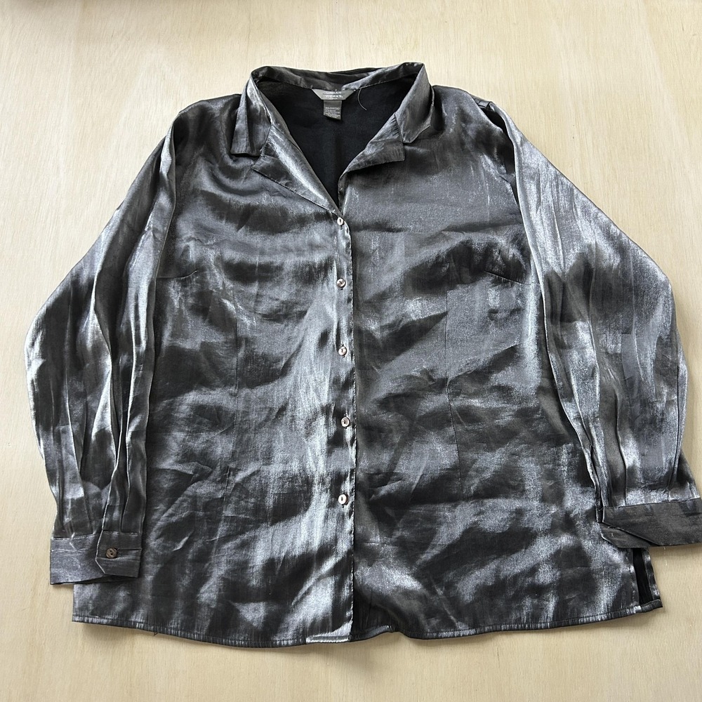 Urban Works Shirt Womens 22/24(3X) Silver Satin Button Up Tunic Top Party